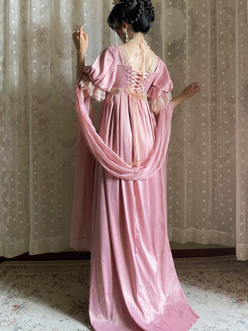 Pink Regency Era Dress with Lace Embroidery and Draped Sleeves – Bridgerton Inspired Lolita Dress Plus Size